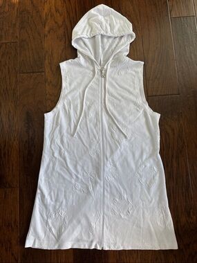 Dotti White Cover Up Swim Nautical Zip Up Hooded Sleeveless w/pockets Size L